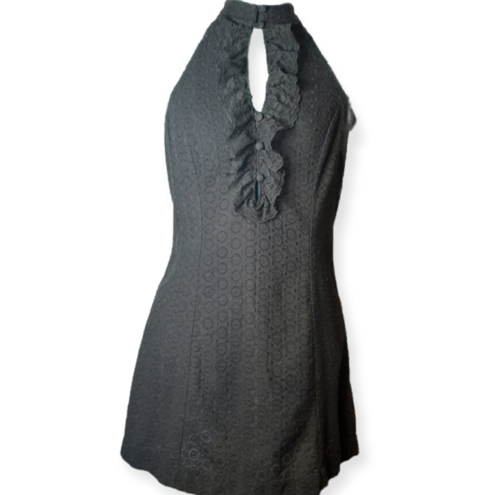 Free People Black Halter Eyelet Mini Dress With Ruffle & Button Detail, EUC, sz4